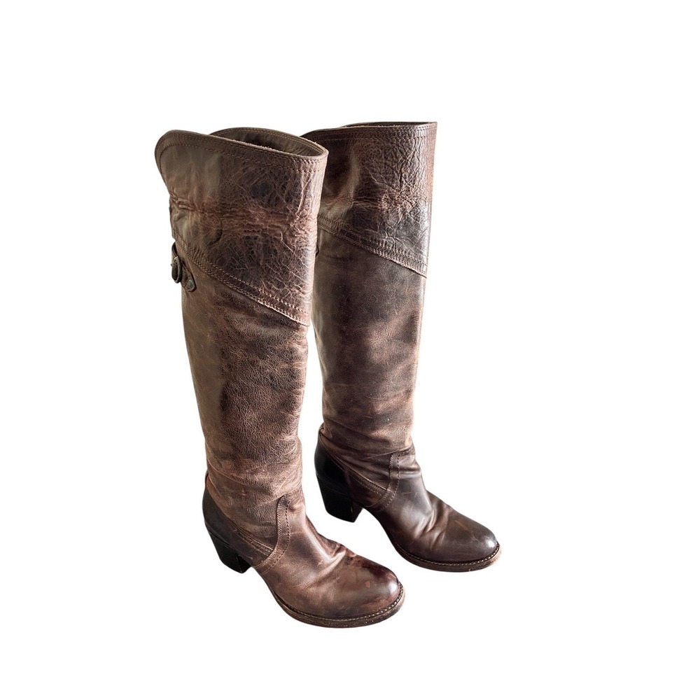 Frye Brown Tall Jane Cuff Leather Riding Boots Stacked Heel Distressed Boho 8‎